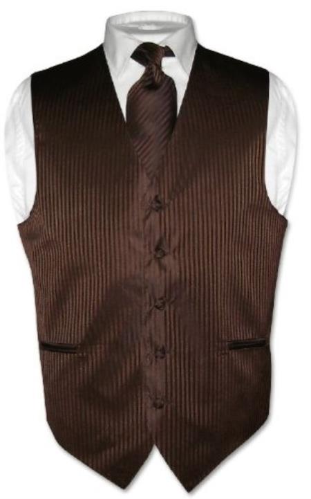 Dress Vest & NeckTie Chocolate brown color shade Striped Vertical Stripes Design Set 