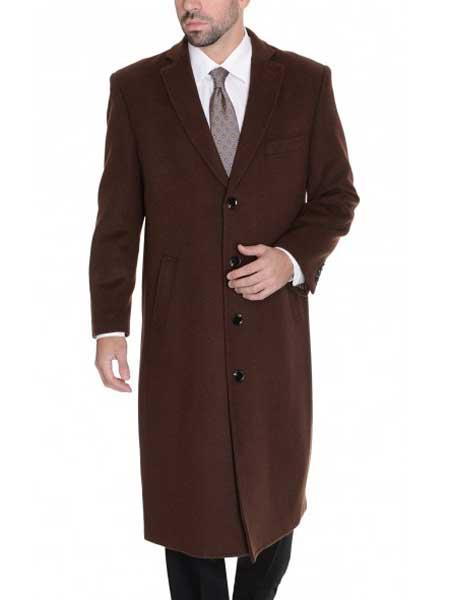 Men's Dark Brown Full Length 4 Button Solid Wool Cashmere Ov