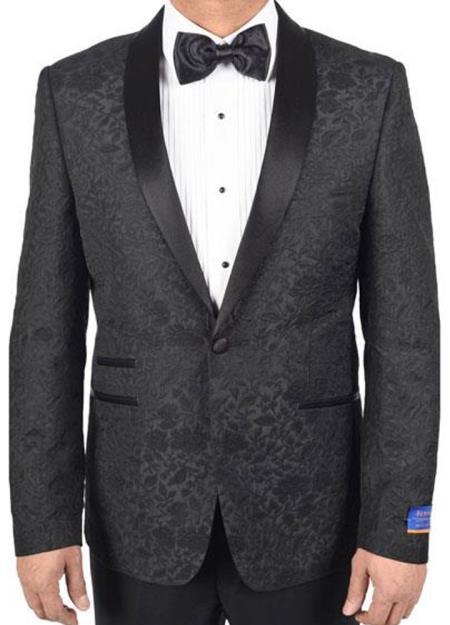 Men's Black Super 150's Viscose Blend 1 Button Tuxedo Floral