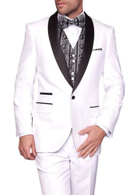 Two Toned Lapel 3-Piece Capri Flat front Tuxedo Suit White Clearance Sale Online