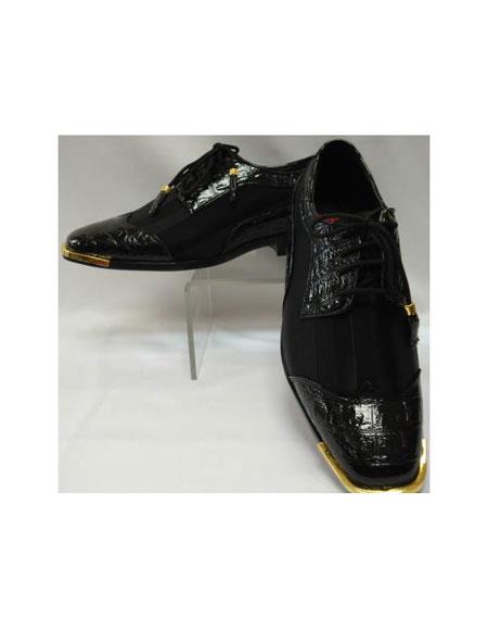  Cool Liquid Jet Black Wingtip Style Satin Goldtip Dress 1920s style fashion men's shoes for Online