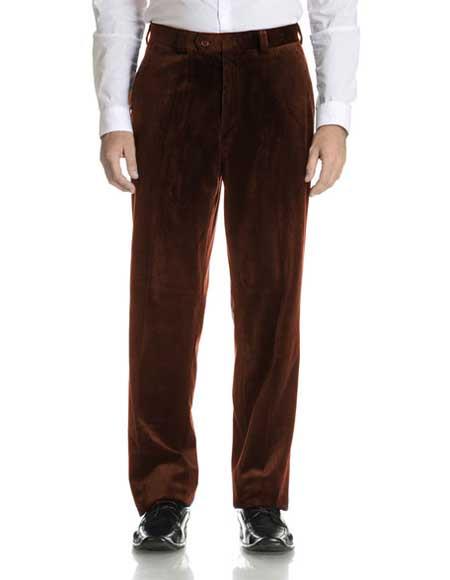 Men's Modern Fit Dark Brown Velvet Flat Front Pant