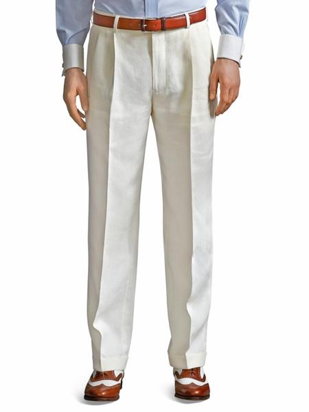 Cream Linen Tailored Fit Pleated Suit Pants