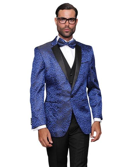 Men's Royal Blue Sequin Paisley Dinner Jacket Tuxedo Looking