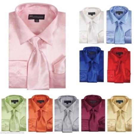 Shiny Satin Dress Shirt With Tie And Handkerchief Set Multi-Color 