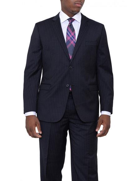  men's 2 Buttons Navy Blue Pinstriped Classic Fit Wool Suit Flat Front Pants