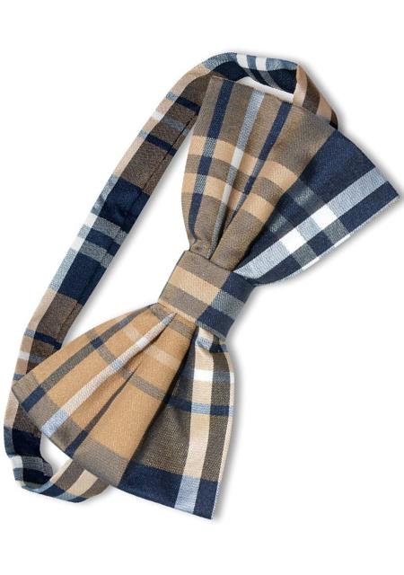  Men's Plaid Pattern Navy/Brown/White Polyester  Tuxedo Bowtie 