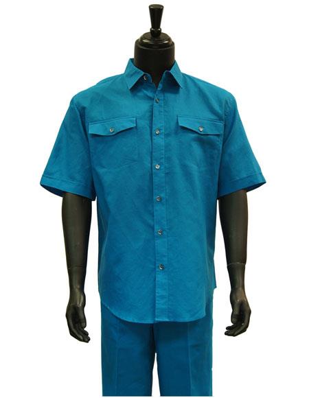 Men's Short Sleeve Blue Linen 2 Piece