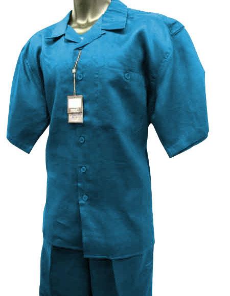 Men's Sky Blue Short Sleeve 2 Piece Solid Linen Walking Suit