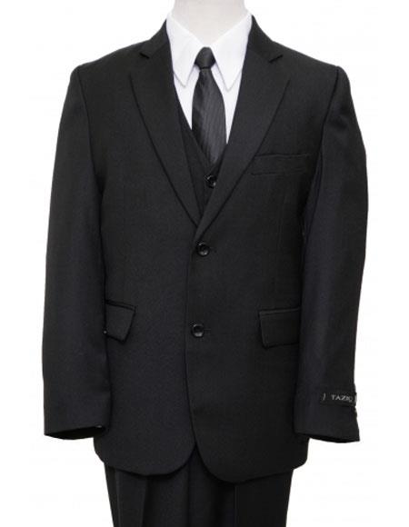 Husky Cut Boy Suit Vested Solid Black 2 Button Style Suits