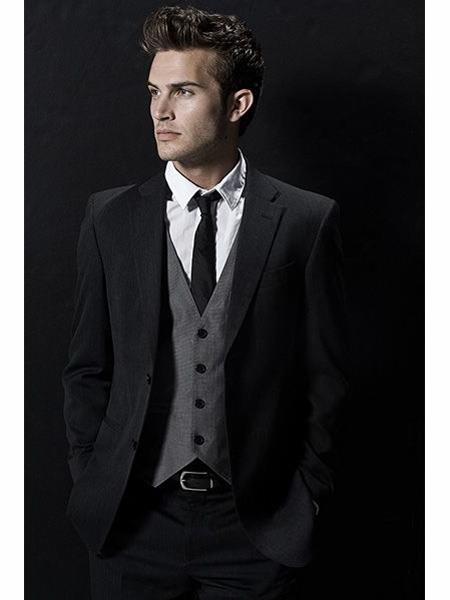 #J39370 Black Suit Gray Vest 2 Button Wool Black suit with