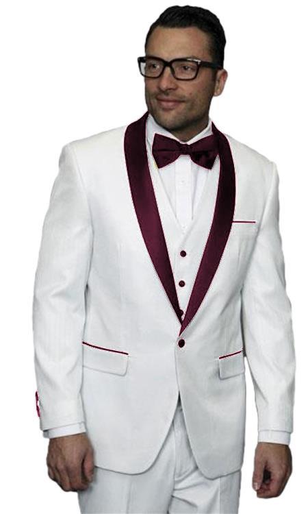 white suit with burgundy shirt