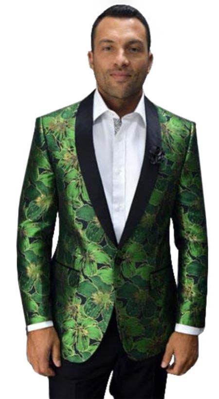 Floral Patterned Velvet Green Men Prom Blazer