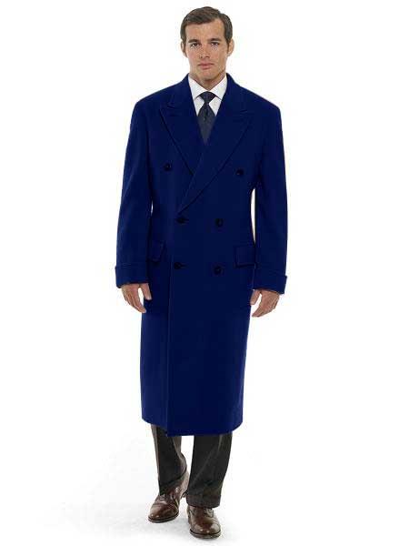  men's 44 Inch Long Length Navy Blue Double Breasted Wool Blend Overcoat