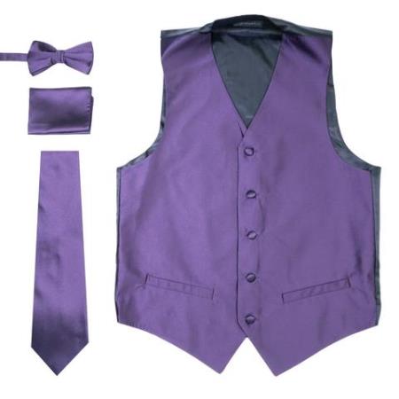 7 Men's 4PC Big and Tall Vest & Tie & Bow Tie and Hankie Dark Purple