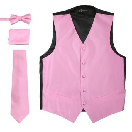 Men's 4PC Big and Tall Vest & Tie & Bow Tie and Hankie Solid Rose