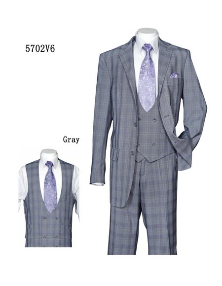 men's Plaid ~ Windowpane Vested Suit with Double Breasted 3 Piece Suit Gray