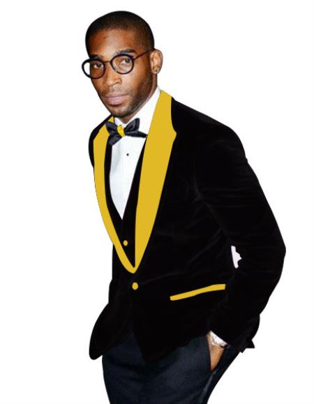 Mens Yellow Peak Lapel Black Tuxedo Two Button Two Toned Vel