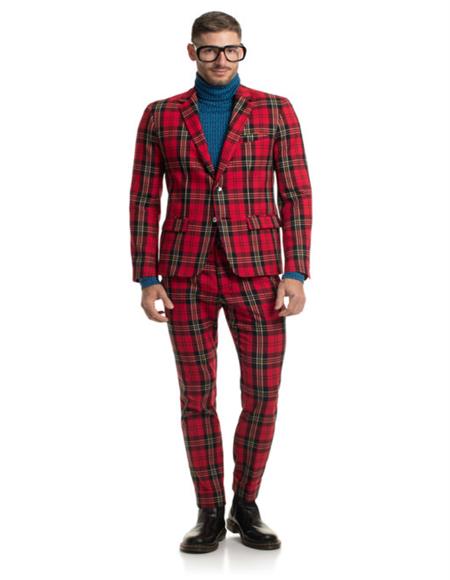 Single breasted 2 button 2 flap pocket red tartan suit for m