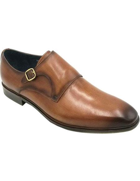 Mens One Buckle Closure Plain Toe Single Monkstrap  Premium Leather Brown