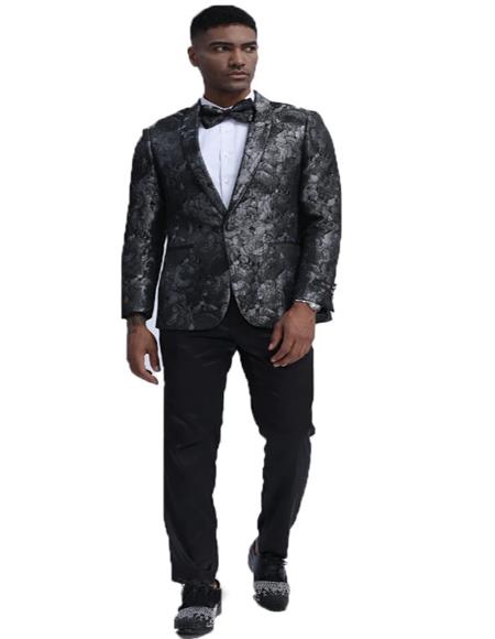 Mens Black & Black and Silver Suit Single Breasted Shawl Lap