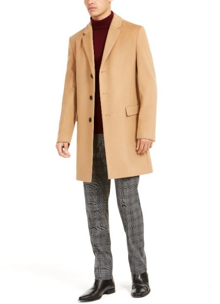 Mens Single Breasted Notched Lapel Overcoat Camel