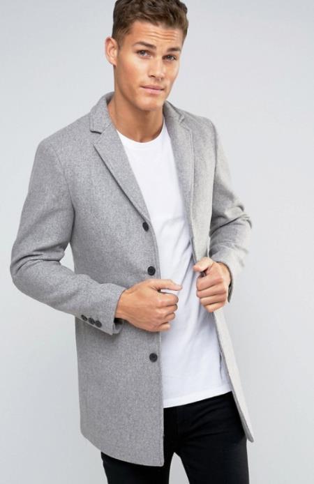  Mens Light Grey ~ Wine Three Button Single Breasted Notch Lapel Wool Peacoat 