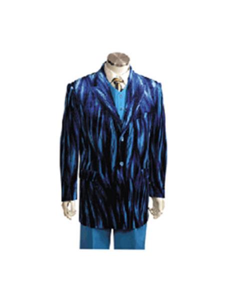Mens Entertainer Blue Velvet Sparkly Cool Zebra Print Suit w Vest Bold Gangester velour Blazer Jacke