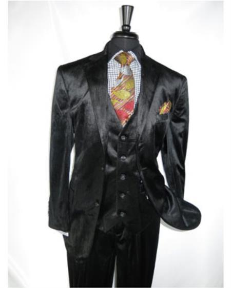 Men's Black 2 Button Velvet Fabric 3 Piece Vested Notch lapel Side Vent Suit with Pleated Pants velour Blazer Jacket