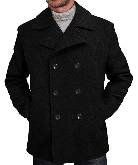 Mens Black Regular Fit Double Breasted Button Front Closure Peacoat - Wool