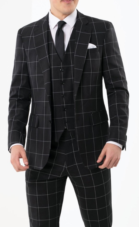 Mens Plaid - Checkered Suit Black/White Single Breasted Notc
