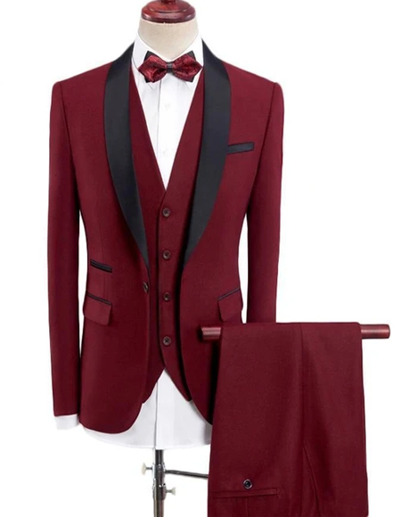 Men's Wine Red Solid Three Wool Blend Three-piece Suit