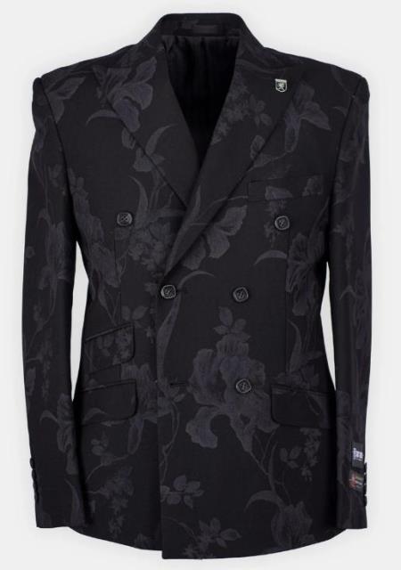 Mens Black Paisley Pattern Double Dreasted Suit