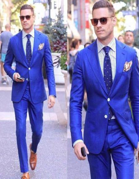 Mens Cotton Royal Blue Pure Color Peak Lapel Suit