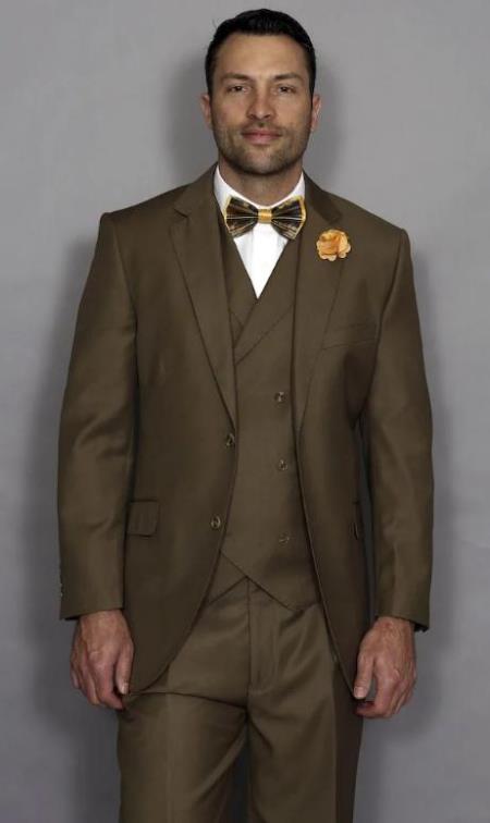 Classic Fit Suit Mens Suit Statement Brand Athletic Fit Classic Fit Pleated Pants 100% Super 150s' Wool + Double Breasted Vest Color Bronze