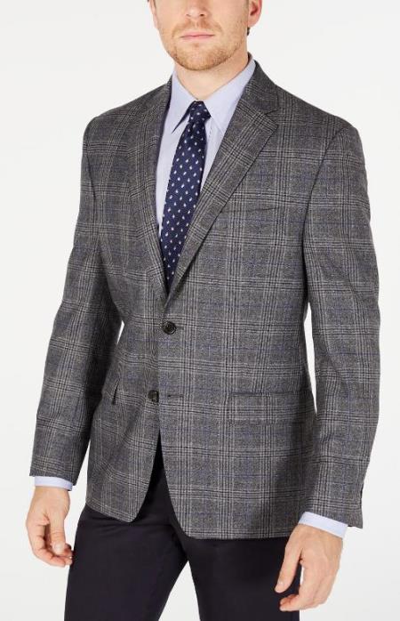 Mens Plaid Windowpane Checkered Patternred Blazer Grey - Wool