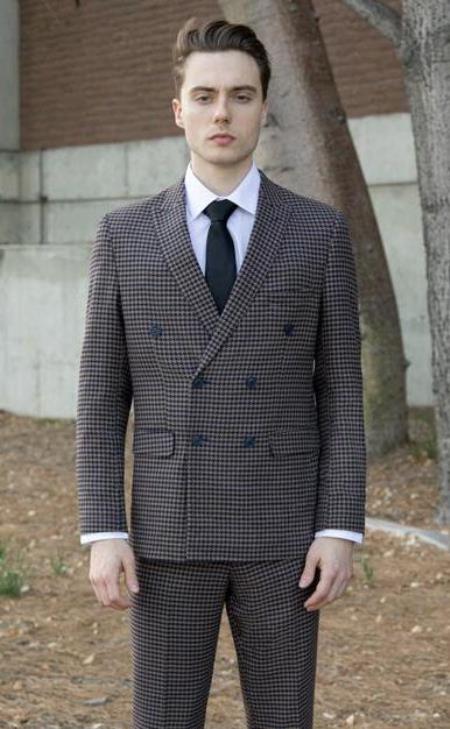 Houndstooth Suit Navy Blue and Tan