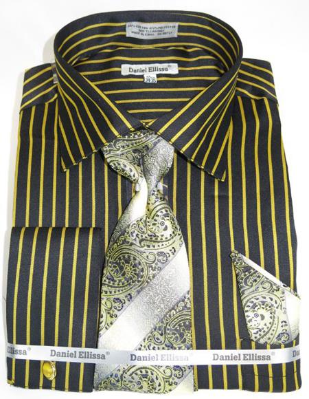 Mens Fashion Dress Shirts and Ties Black Mustard Pinstripe Colorful Mens Dress Shirt