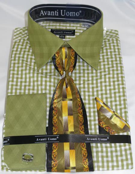 Mens Fashion Dress Shirts And Ties Olive Green Colorful Mens