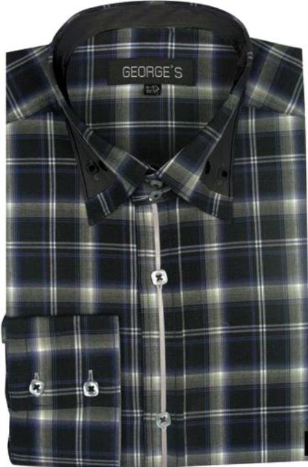 Patterned Dress Shirt - Mens Black Fashion Plaid High Collar Shirt With Solid Trim