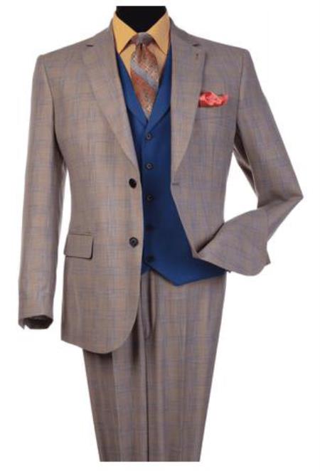 Mens Steve Harvey Suits Taupe Plaid Pattern Single Breasted