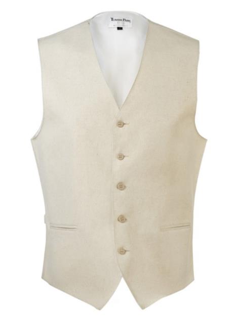 Mens Linen Vest Five Plastic Button Front Beige Vest - Beach Wedding