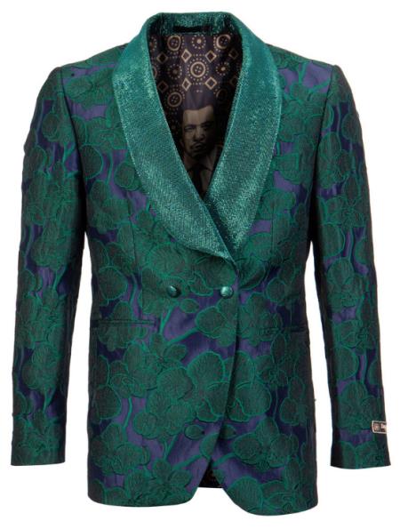 Mens Green Tuxedo Jacket with Floral Pattern Shawl Lapel Double Breasted - Blazer - Wool