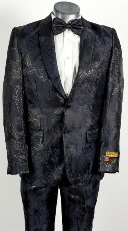 Mens Shiny Black ~ Navy 2 Button Floral Paisley Prom and Wed