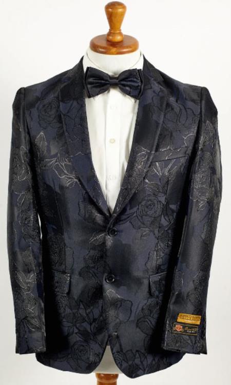 Mens Shiny Black and Navy 2 Button Floral Paisley Prom and Wedding Blazer