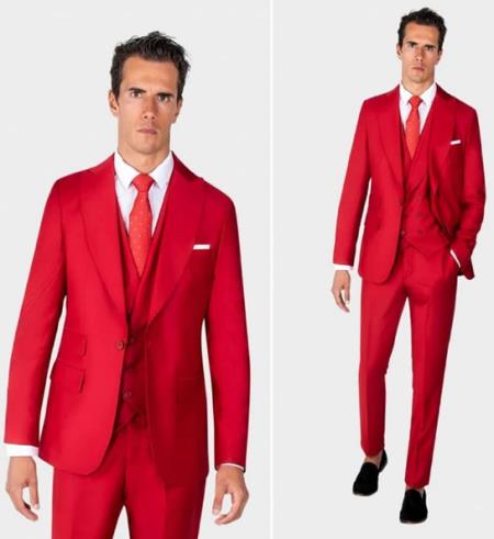 Mens One Button Peak Label Red Suit