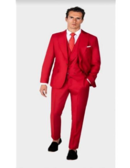 Mens One Button Single Breasted Notch Lapel Suit Red