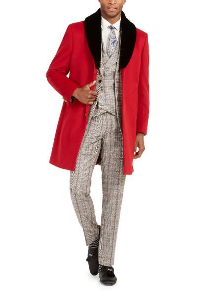 Mens Carcoat - Wool and and Coat With Fur Collar + Red Coat