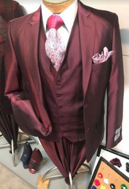 Shiny Burgundy Vested Suit - 3 Pieces Maroon Flashy Suit