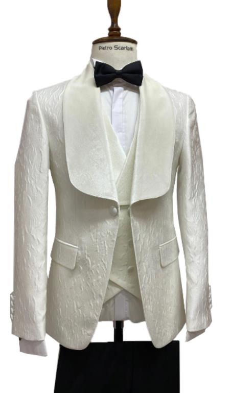 Mens Vested Designer Wide Velvet Wedding Tuxedo in Ivory